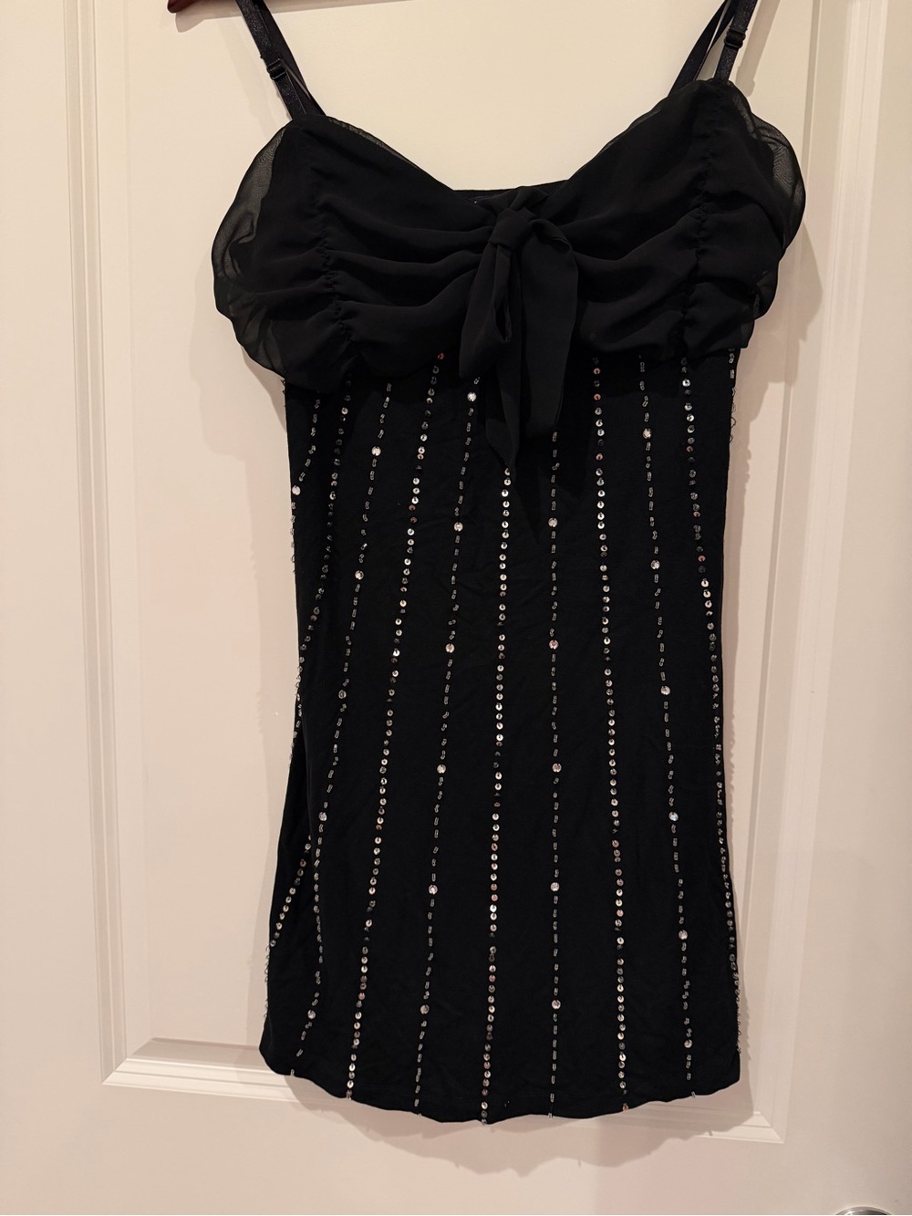 GUESS Black Sequin sparkly Bow-Front Evening Dress Spaghetti strap size L